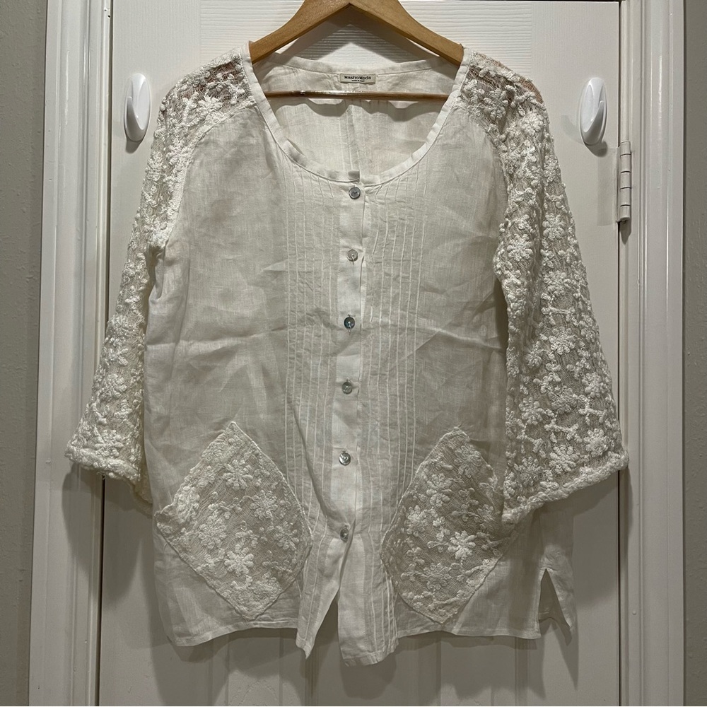 Mastro Moda Blouse Women’s M Button Up White Linen Lace Lagenlook Made In Italy